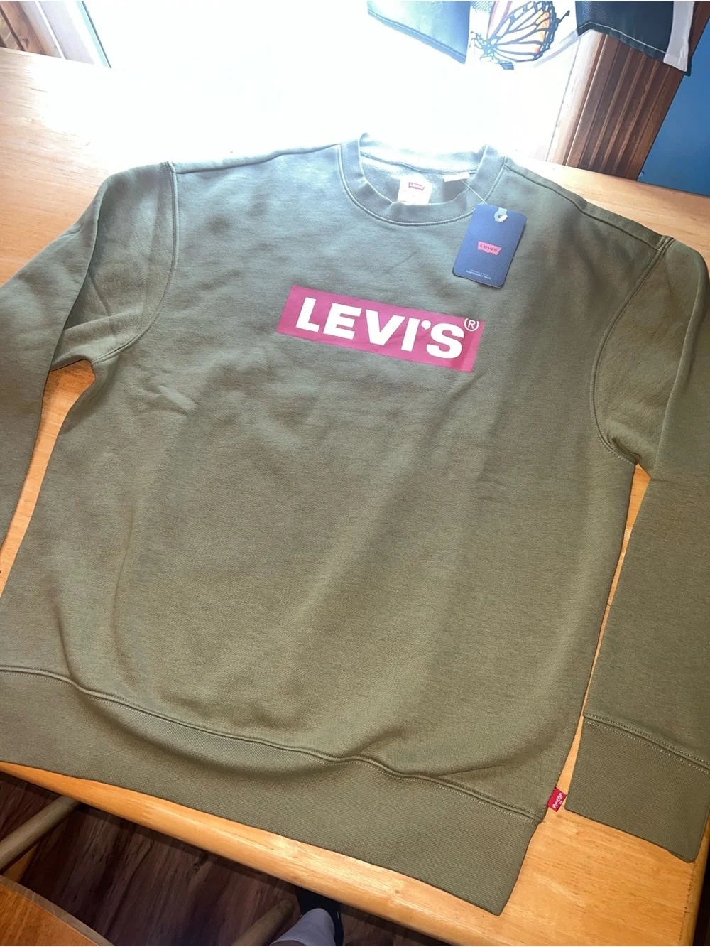 Levi's Olive Green Crewneck Sweatshirt with Pink Logo
